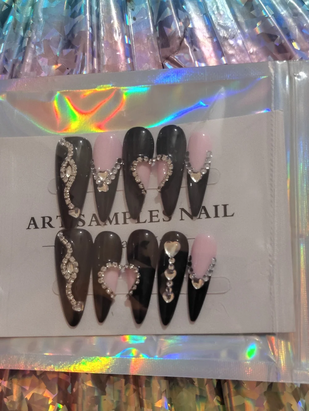 Black & Pink Rhinestone Heart Stiletto Press-On Nails -